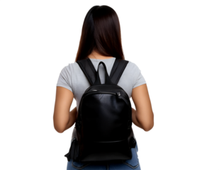 View from behind of a young woman wearing a black blank bag, cut out in PNG 