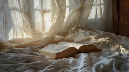 Peaceful Book on Bed with Morning Light. AI generated illustration.