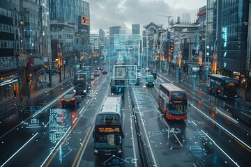 A wide view of an urban highway with several plates bus driving on it, all connected by digital data streams and futuristic technology elements in the background. 