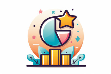 Obraz premium A vibrant pie chart with a star above it highlights data points. Surrounding elements include stylized yellow bars and decorative leaves, creating a cheerful atmosphere