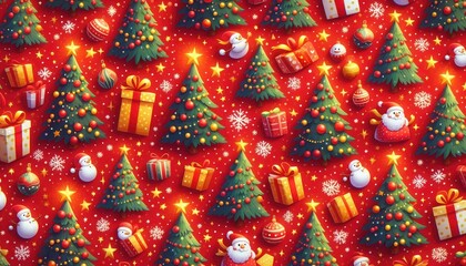 Fototapeta premium Seamless red Christmas-themed wrapping paper with vibrant cartoon Christmas trees and sparkling baubles, captured in a close-up, high- resolution shot