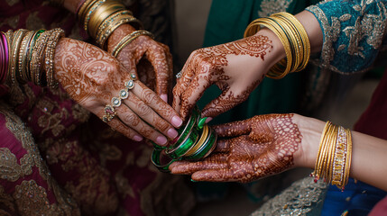An Indian pre-wedding ceremony in India where a lady bangle seller is putting green glass bangles on the henna-adorned hands of a bride