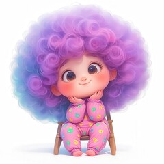 Fototapeta premium A cute 3D cartoon baby girl with massive curly purple and blue hair sitting on a wooden chair, wearing pink pajamas against a white background.
