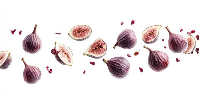 A cluster of ripe figs scattered on a white background.