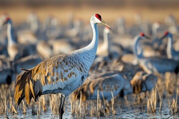 A majestic crane stands out among a flock, showcasing its striking features against a serene natural backdrop.