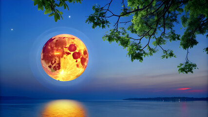 a moon with a rich red hue hangs low in the