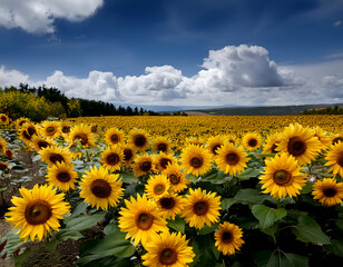 Sunflowers in full bloom, bright yellow