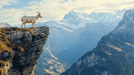 Obraz premium Goat Standing on a Cliff Overlooking Mountains