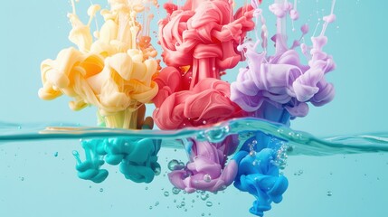 Vivid bursts of color from paint and ink swirling and blending in water, creating stunning fluid illustrations