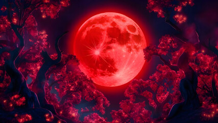 a moon with a rich red hue hangs low in the