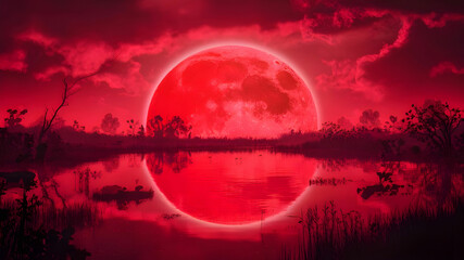 a moon with a rich red hue hangs low in the