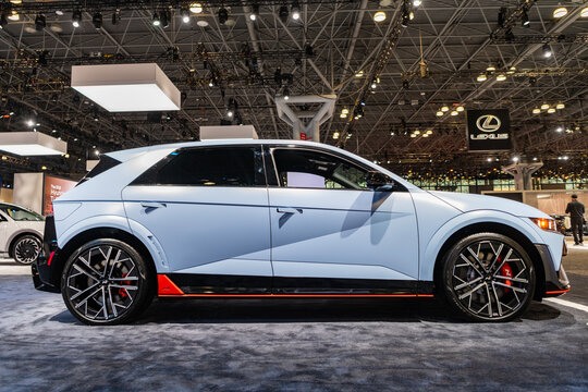 New York City, USA - March 27, 2024: Hyundai IONIQ 5 N electric car at New York International Auto Show, side view