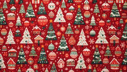 Fototapeta premium High-quality stock photograph of a red Christmas-themed textile featuring a seamless pattern of playful cartoon Christmas trees and festive baubles, displayed in a fabric texture