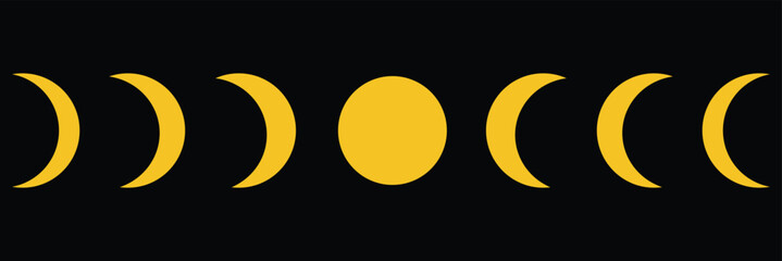 Moon phases astronomy icon silhouette symbol set. Full moon and crescent sign logo. Vector illustration. Isolated on background.