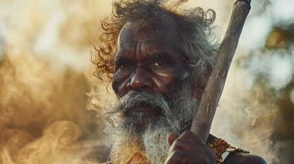 Senior Indigenous man participates in cultural ceremony in Arnhem Land.