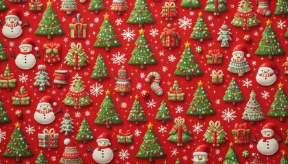 High-quality stock photograph of a red Christmas-themed textile featuring a seamless pattern of playful cartoon Christmas trees and festive baubles, displayed in a fabric texture