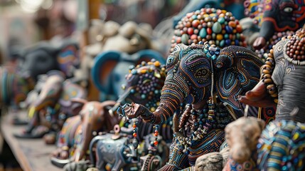 African curios of animals made from beads and wire at street flea market