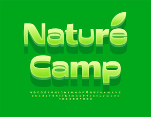 Vector green emblem Nature Camp with decorative Leaf. Playful bright Font. Creative Alphabet Letters and Numbers set