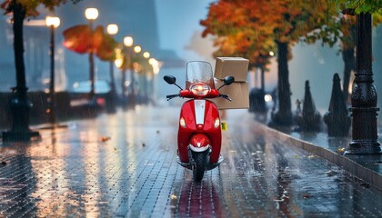 Red Scooter in City Street Delivering Goods During Rainy Autumn Evening