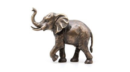 Bronze elephant figurine with a raised trunk isolated on white background