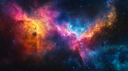 Naklejka premium World Space Week celebration Cosmic nebula with colorful gases, deep space exploration, flat design illustration