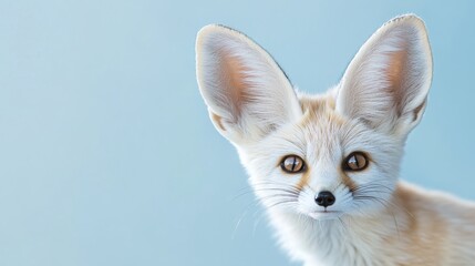 Fototapeta premium A curious Fennec Fox with large ears gazes from behind a pastel blue backdrop, its bright eyes filled with curiosity and wonder in a serene setting