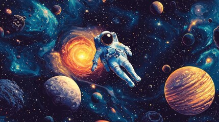 Fototapeta premium World Space Week education Illustrate the vastness of space during World Space Week, with a lone astronaut floating among swirling galaxies, distant planets, and cosmic nebulae