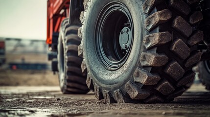 The closeup view showcases a rugged truck wheel with deep tread positioned on a concrete surface, emphasizing its durability and strength in a commercial environment