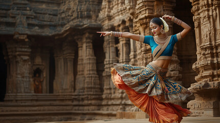 An Indian classical Odissi dancer in a traditional pose, performing against the backdrop of an intricately carved ancient temple in India