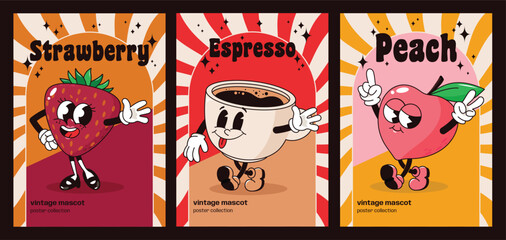 Fototapeta premium Three Poster Collection Vintage Groovy Mascots Strawberry Espresso Peach