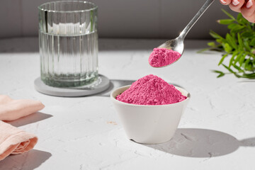 Collagen protein powder drink. Glass of collagen beauty drink. Food supplement.