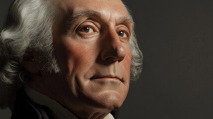 This artwork presents a striking portrayal of George Washington, capturing his thoughtful demeanor and the essence of early American leadership in a close-up composition