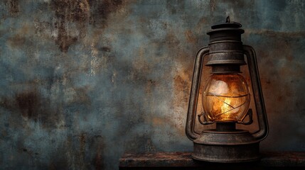 An aged oil lantern casts a warm light, highlighting the rustic charm of the weathered steel surface it rests upon in a tranquil space
