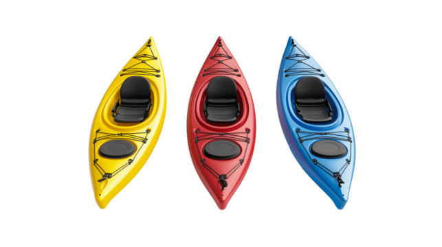 kayaks in different colors arranged separately isolated white or transparent background