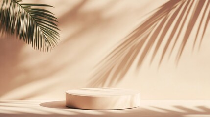 Obraz premium A sleek empty podium stands prominently against a soft backdrop, highlighted by gentle shadows of tropical foliage creating a tranquil atmosphere
