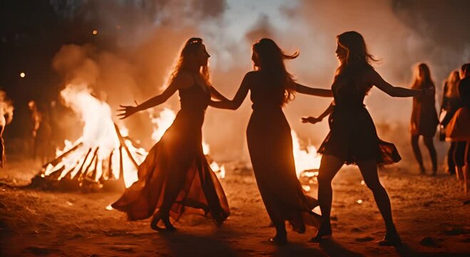 Women dancing around a campfire.
