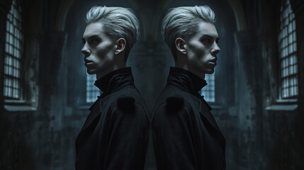 Naklejka premium Full-body shot of a blonde male model with slicked-back hair in a black coat, standing in a dark castle hall, captured in surrealistic photography with symmetrical composition, muted colors