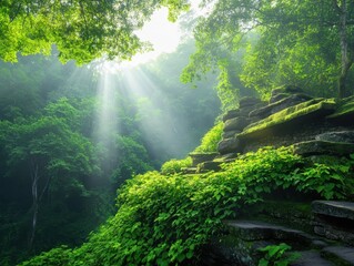 Ancient ruins overgrown by dense jungle, with rays of sunlight breaking through the canopy, stone statues, moss-covered architecture