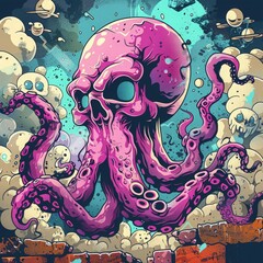 Hand drawn octopus monster illustration for full print t-shirt design,