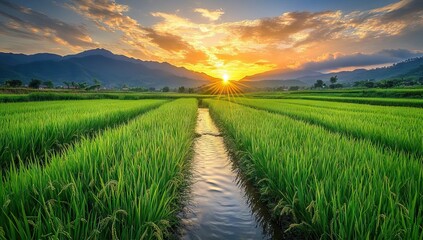 Fototapeta premium Morning Rice Fields with Mountains and Clouds. AI generated illustration
