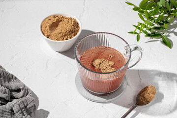 Collagen protein powder drink. Glass of collagen beauty drink. Food supplement.