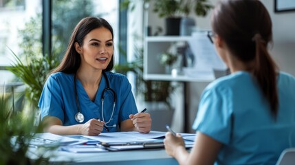 A nurse and a healthcare recruiter engage in an interview, discussing career opportunities in a bright and professional clinic environment