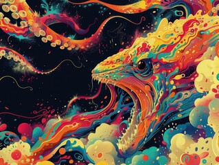 Hand drawn octopus monster illustration for full print t-shirt design,