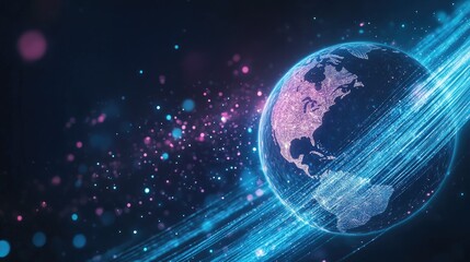 Obraz premium A dynamic image of the earth globe with fiber optic cables flying around, symbolizing tech advancements with space for text.