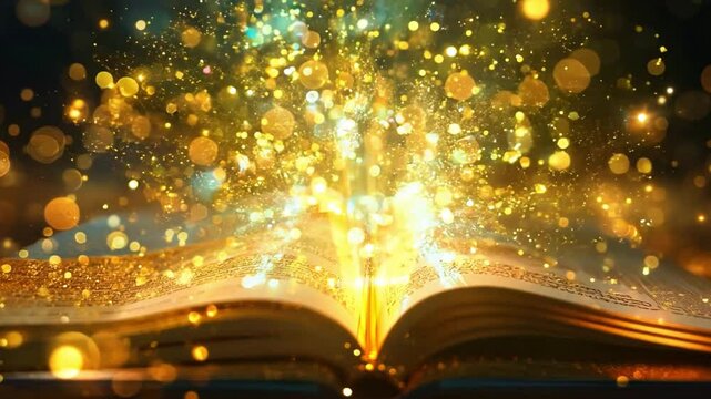Captivating book lies open, emanating radiant golden light and sparkling particles evoking sense of magic and imagination