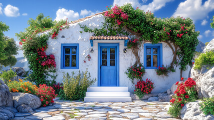 White and blue Greek-style house with creepers and roses, blue window frames and white stairs...