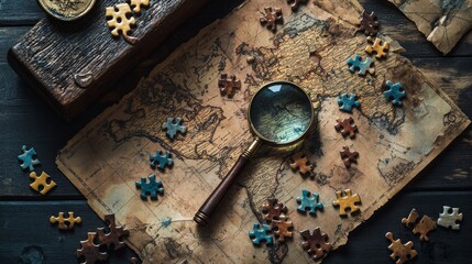 A closeup captures a vintage map beneath an arrangement of colorful puzzle pieces and a classic magnifying glass, evoking curiosity and nostalgia on a rustic wooden surface