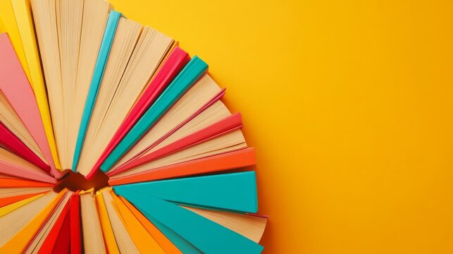 A colorful assortment of hardcover books is elegantly arranged in a fan pattern, showcasing their bright spines against a cheerful yellow background