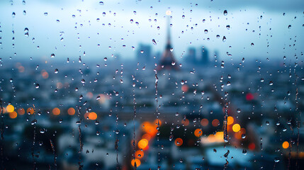 Raindrops on a window with a blurry view of the Eiffel Tower and cityscape in the background.