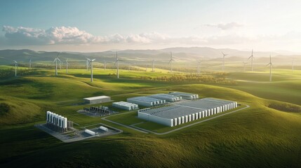 The expansive battery energy storage system is showcased amid rolling green hills and wind turbines, highlighting renewable energy integration in a serene natural setting